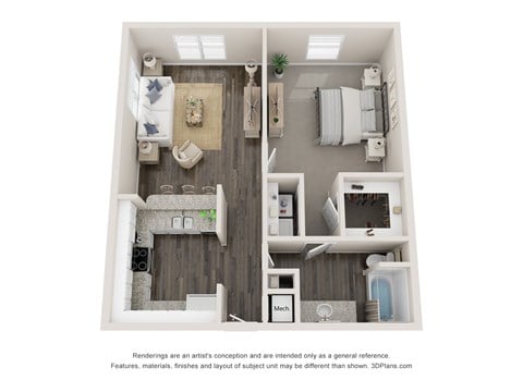 Floor plan for 1 bed, 1 bath, 696 sqft